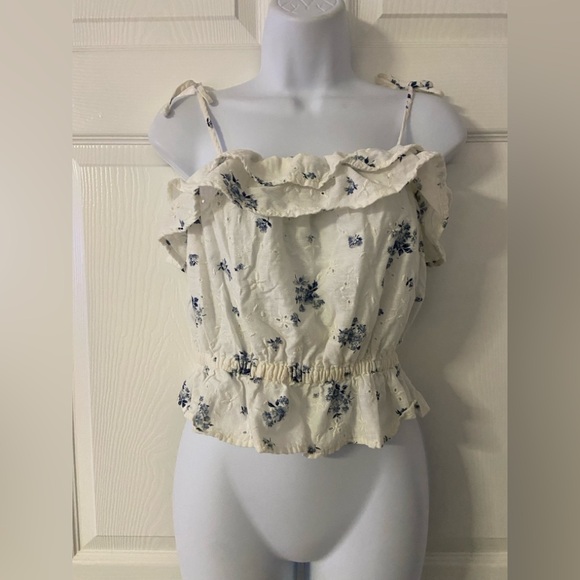 American Eagle Tops - T37a- AMERICAN EAGLE White-Blue Floral EYELET Embroidered Ruched Spaghetti Top